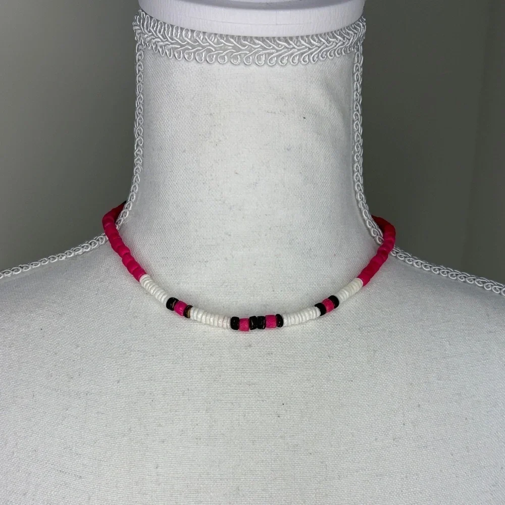 Retro Pink, Brown & White “Surfer Girl” Beaded Necklace